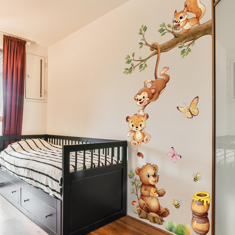 Kids Educational Posters - Tierzweige, süßer Affe, Schmetterling, Biene, Vinyl-Wandaufkleber