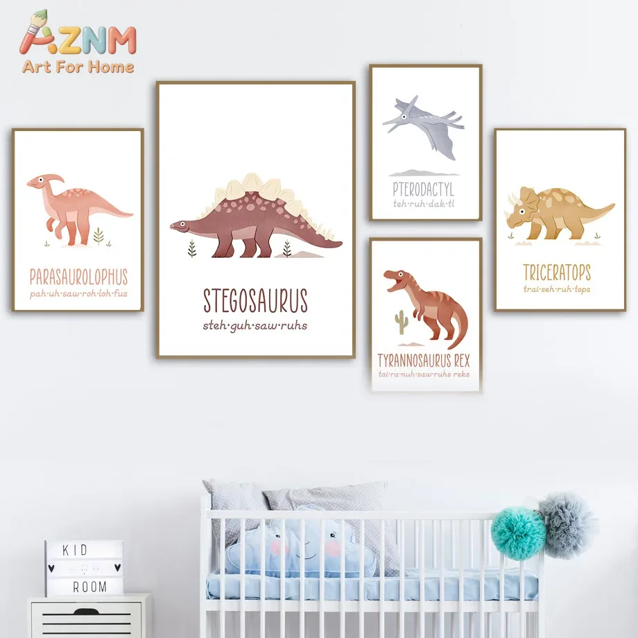 Kids Educational Posters - AZNM Niedliche Aquarell-Dinosaurier-Leinwandbilder, Lehrreiche Dinosaurier-Namen-Aussprache-Poster für