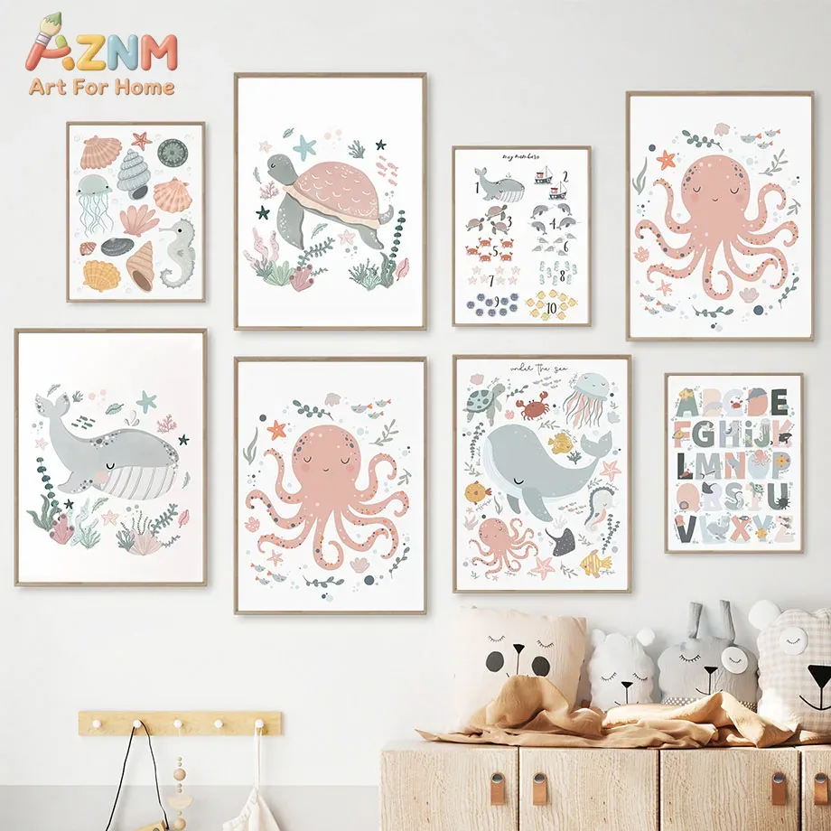 Kids Educational Posters - AZNM Kinderzimmer-Wandkunst mit Meerestieren, Leinwanddruck mit