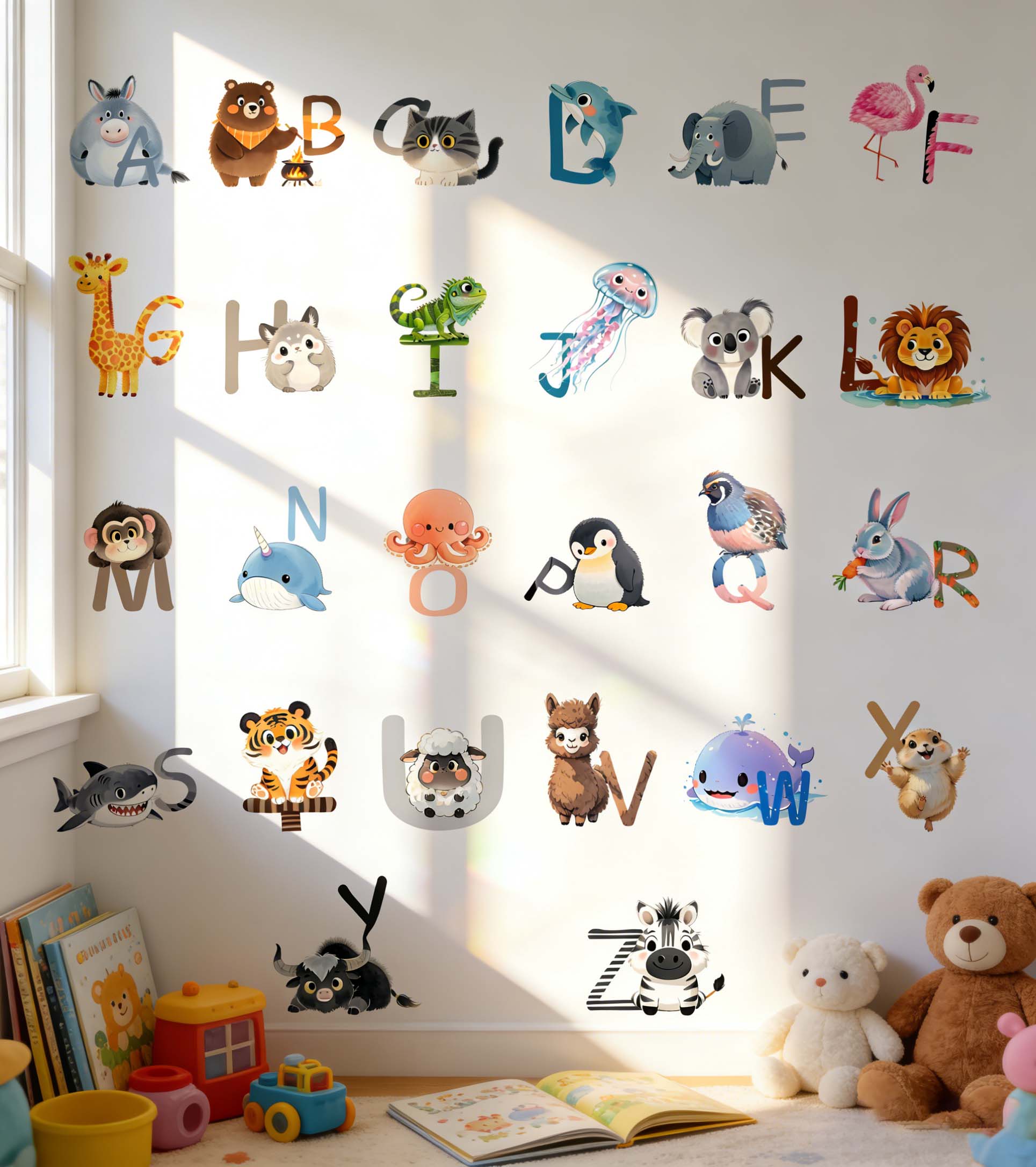 Kids Education Wallpaper - 26 Buchstaben Englisches Alphabet Wandaufkleber Cartoon-Tier
