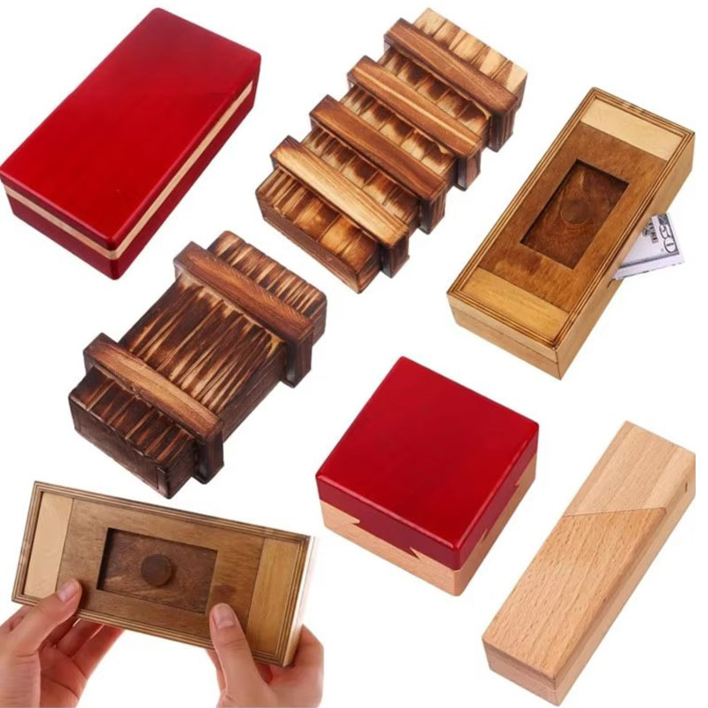 Brain Teaser Cube - Holzpuzzle-Box mit Geheimfach, kniffliger Denkspiel-Rätsel mit